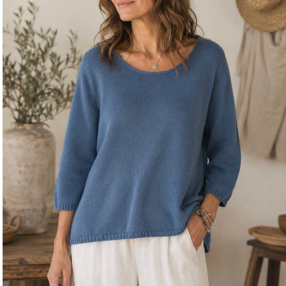 Evan Picone Vintage Linen Cotton Sweater XL Blue 3/4 Sleeve Coastal Lagenlook